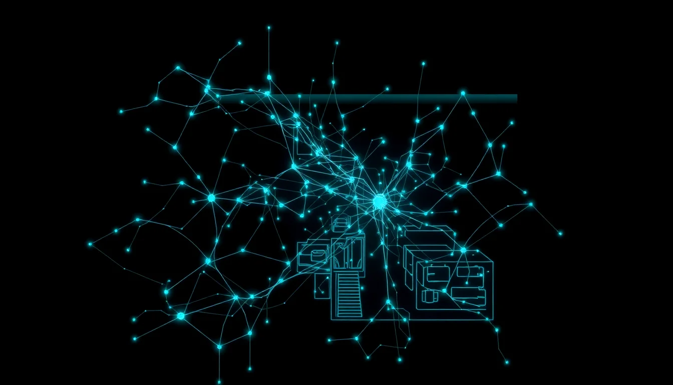 Abstract AI neural network pattern overlaid on a dental office floor plan with self-healing connection paths