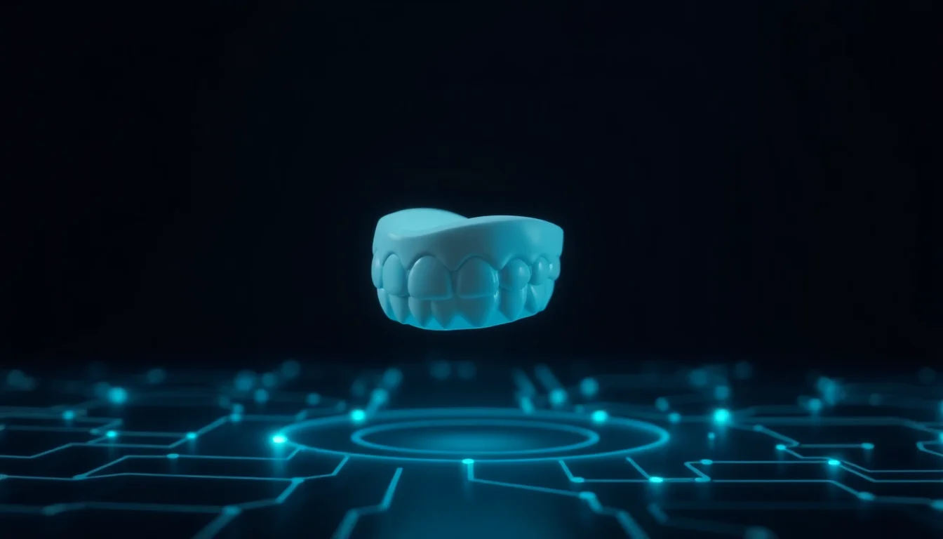 Abstract dental sensor floating in dark space surrounded by diagnostic scan lines and USB connection traces