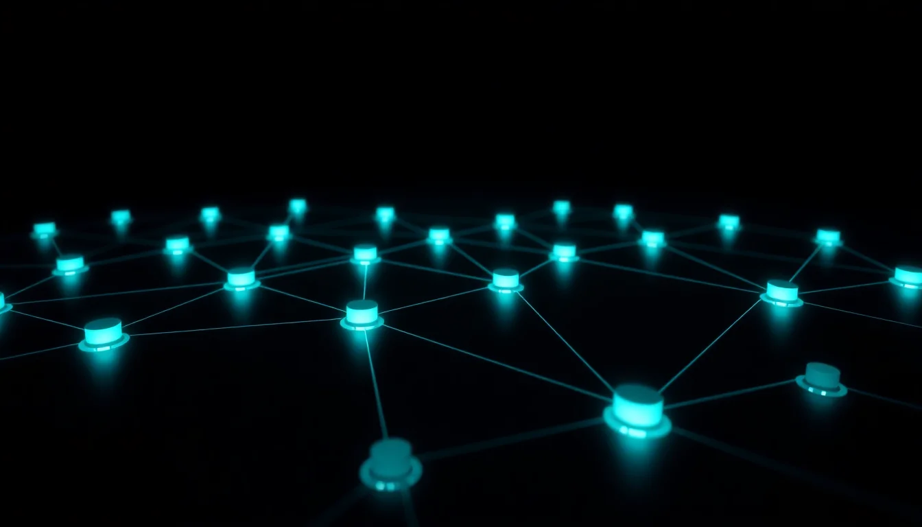 Clean grid of security checkpoints connected by glowing teal lines on a dark minimalist background