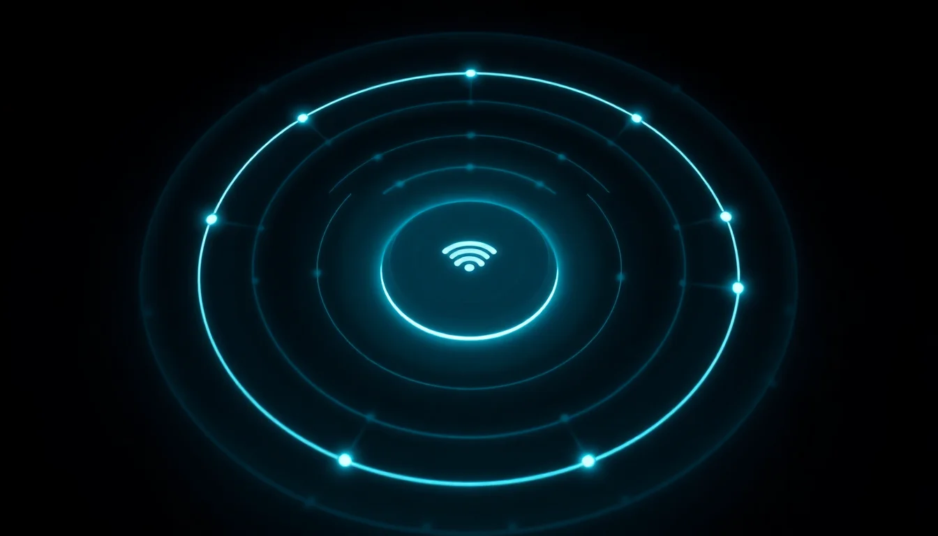 Concentric WiFi signal rings emanating from a central access point with network topology nodes on dark background