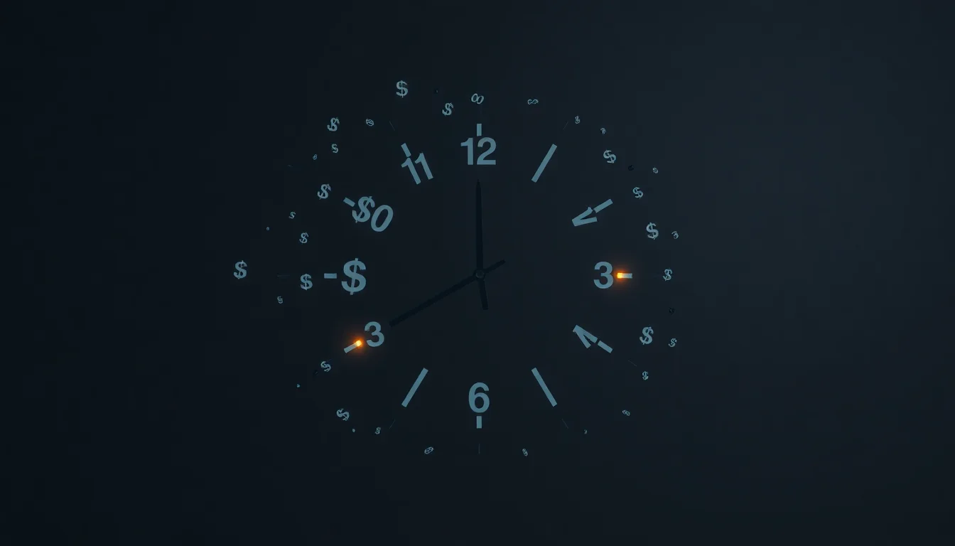 Abstract clock face dissolving into dollar signs and timer fragments with teal and amber accent lights