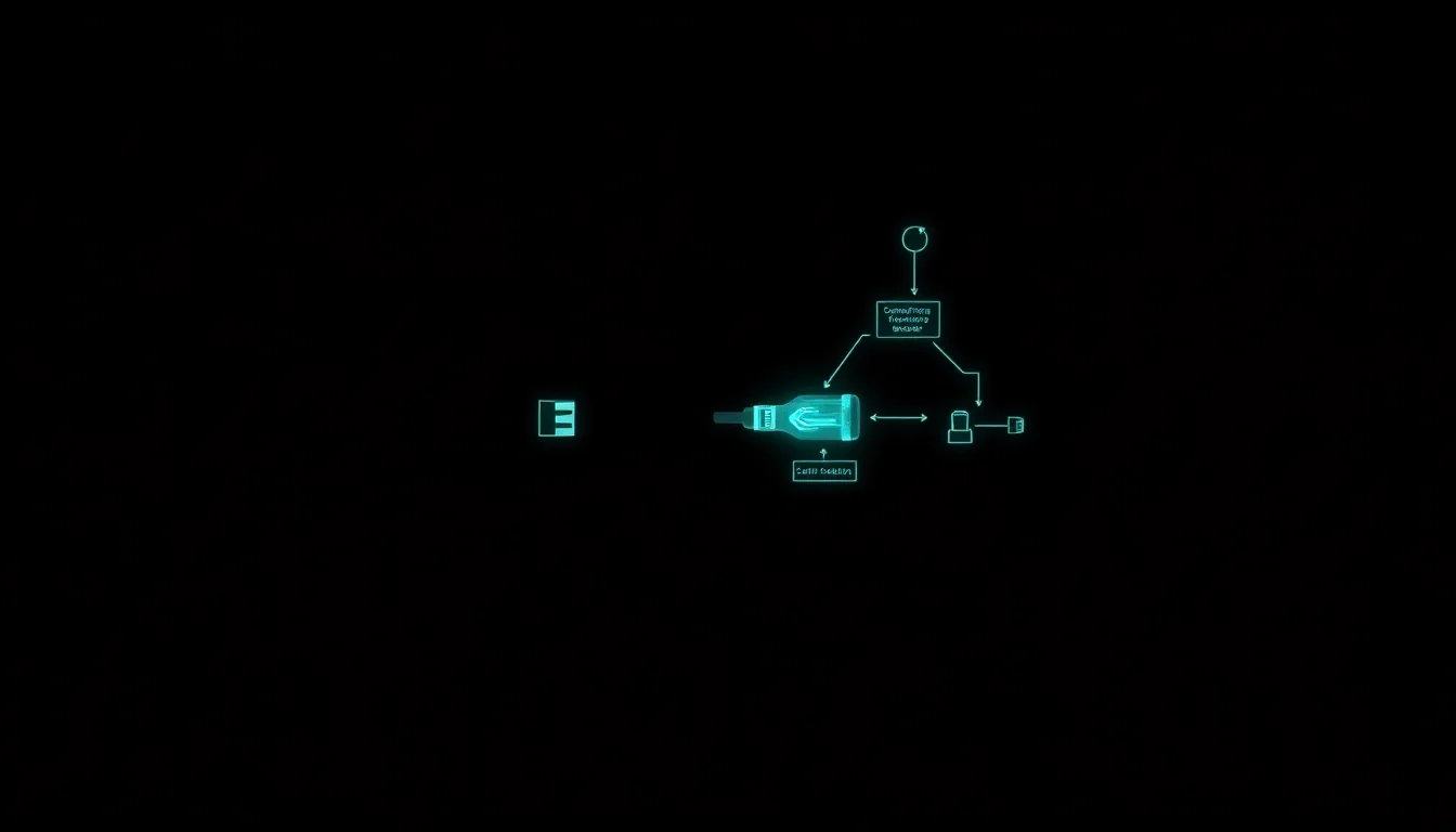 Dental X-ray sensor silhouette with disconnected USB data traces and troubleshooting flowchart nodes in dark space
