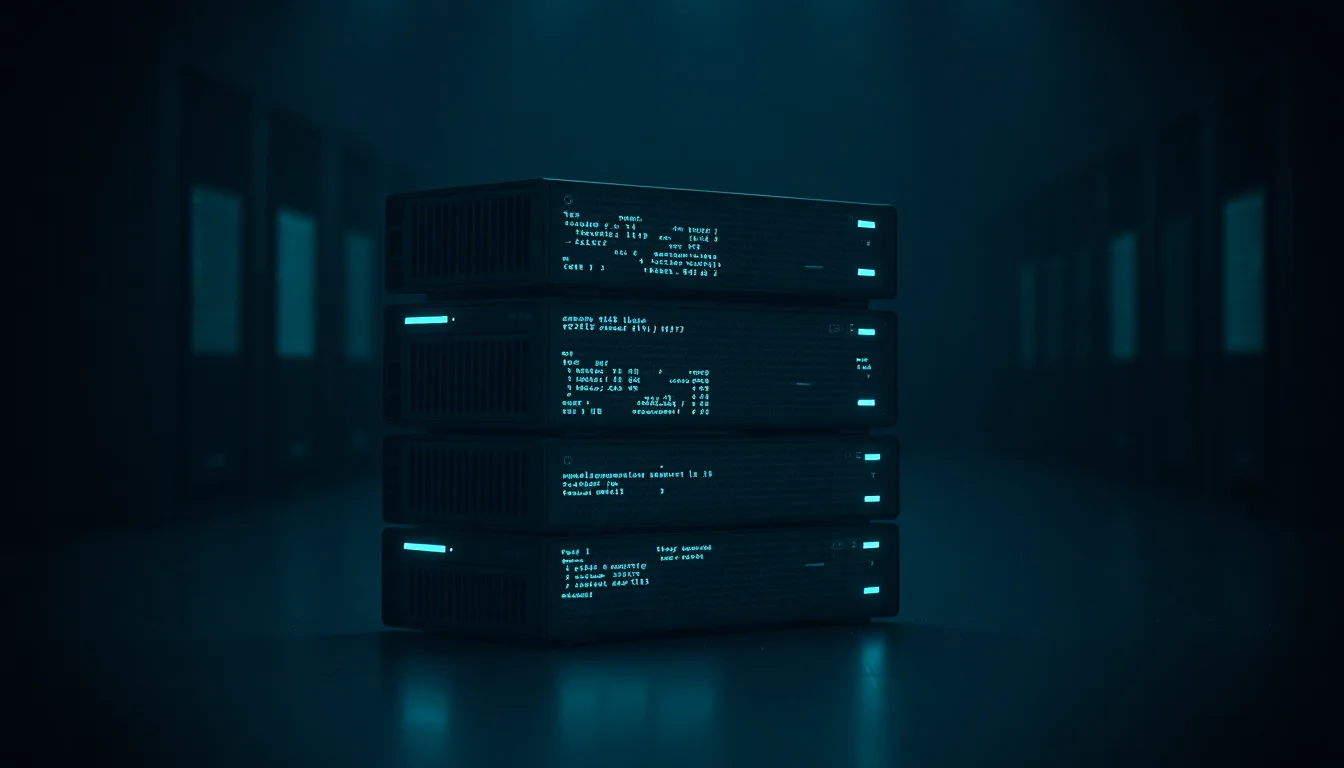 Three layered backup volumes stacked with data stream particles flowing between them in a dark data center