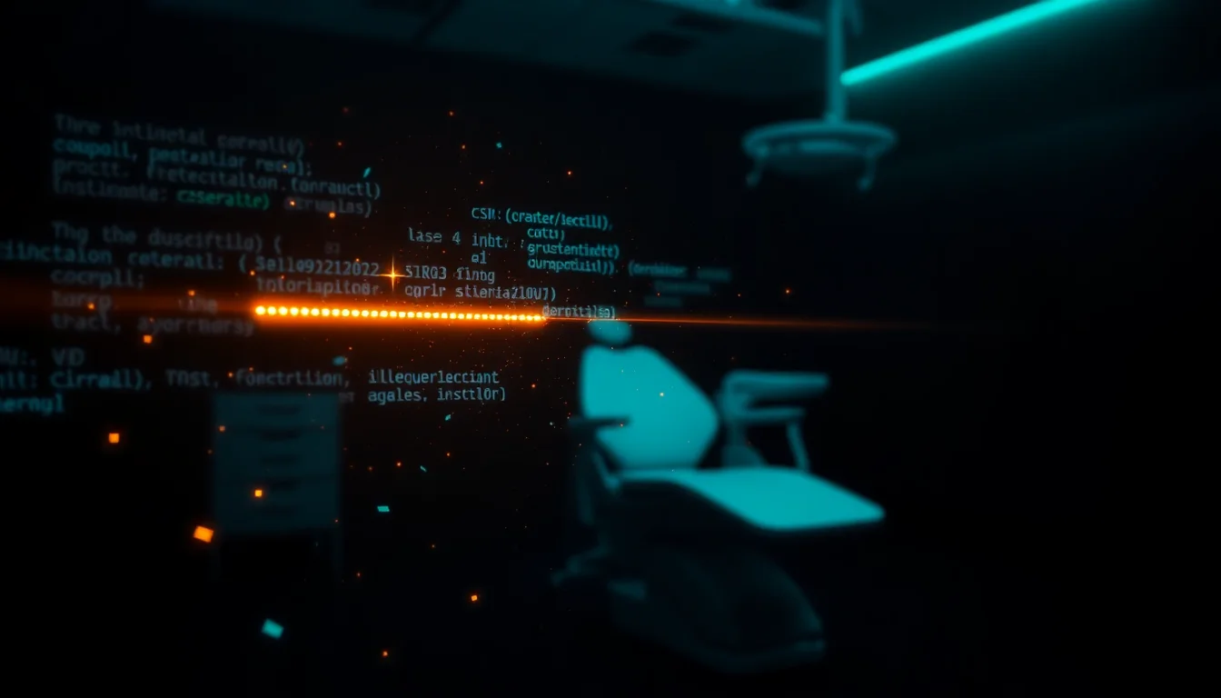 Abstract dark visualization of software crash detection signals on a dental practice workstation