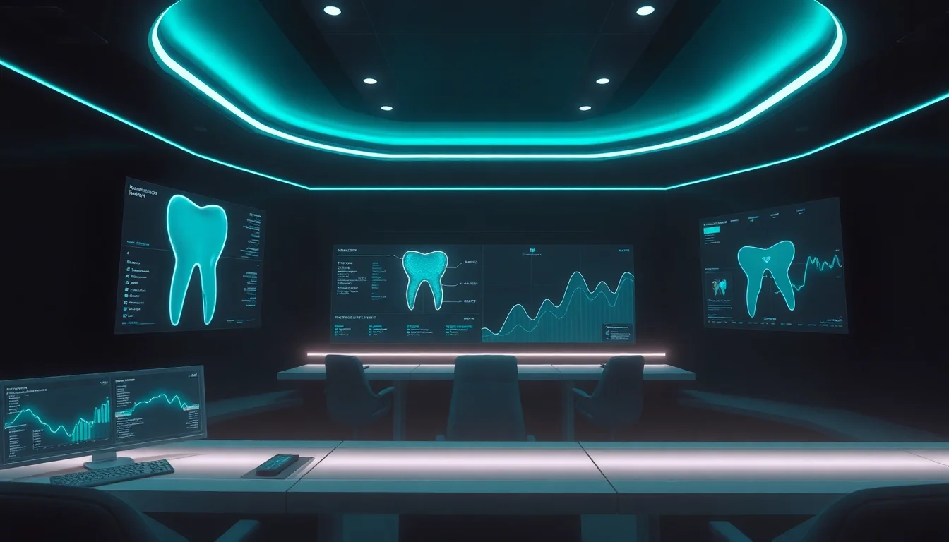 Futuristic dental practice command center with holographic monitoring displays and predictive analytics curves