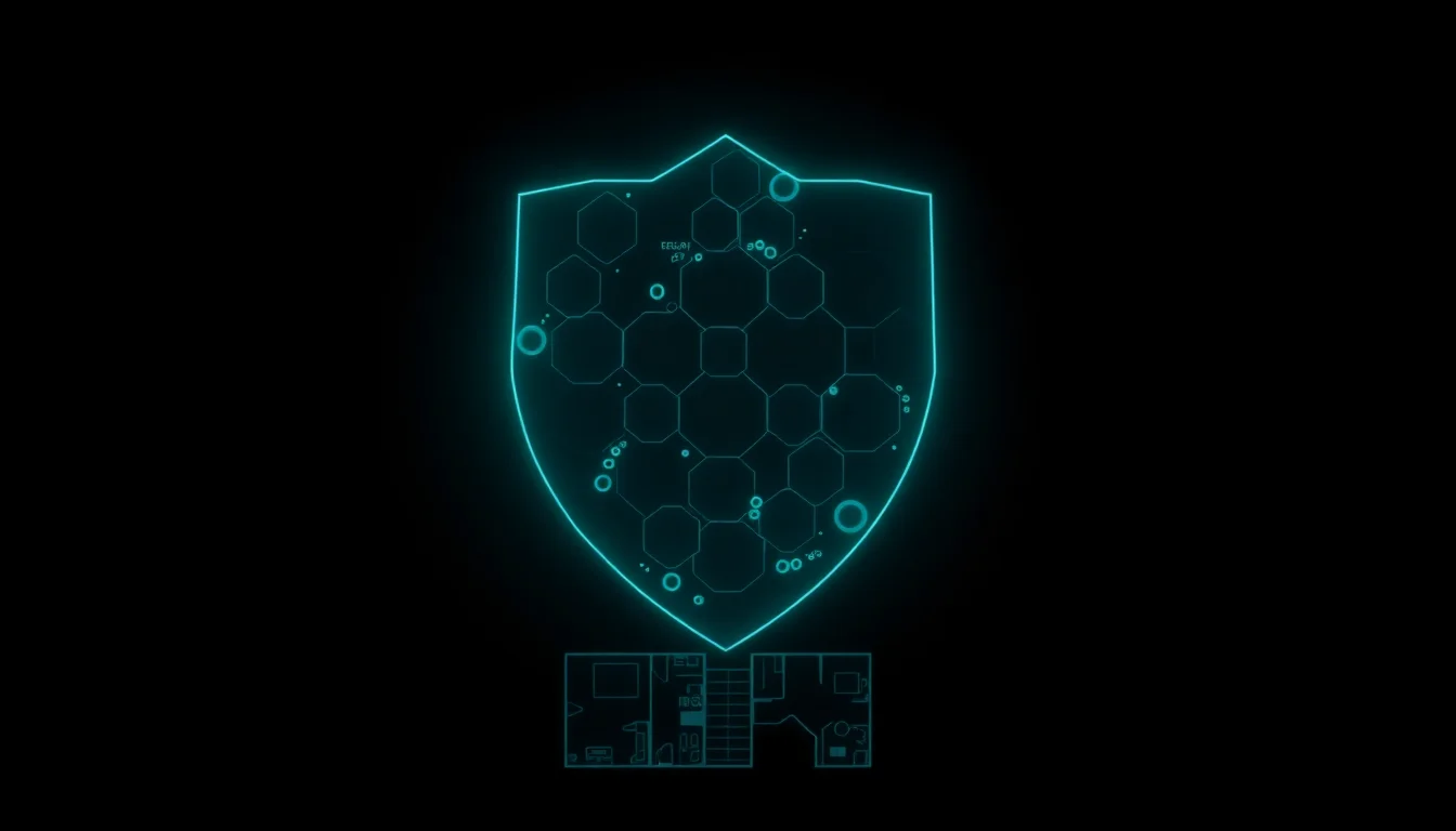 Digital shield composed of hexagonal cells floating above a dental practice floor plan silhouette