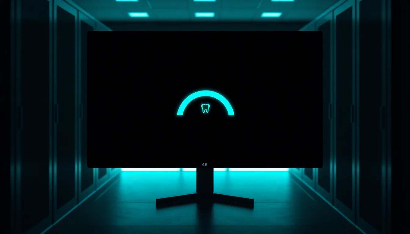 Monitor screen showing an Open Dental recovery sequence with a teal progress arc in a dark server room