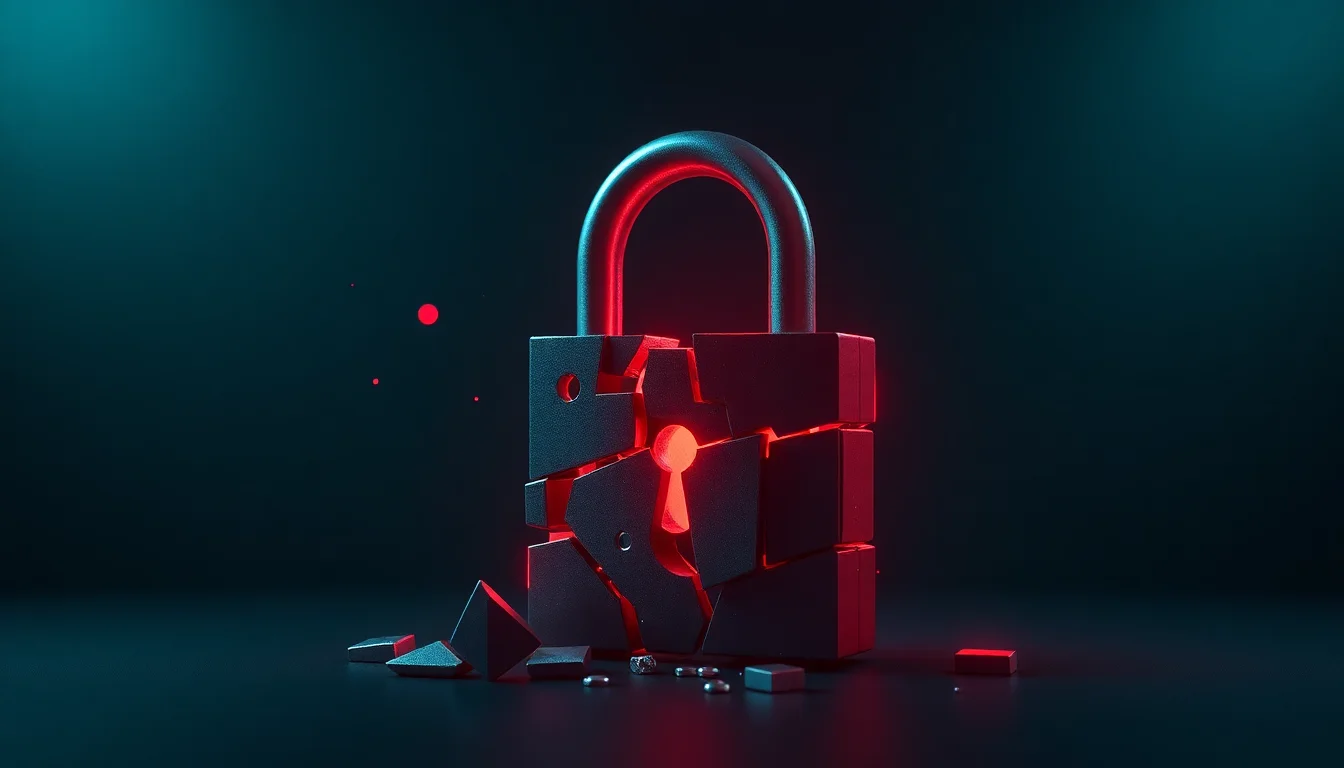 Abstract padlock made of interlocking geometric fragments, some shattered, with red warning glow on dark teal background
