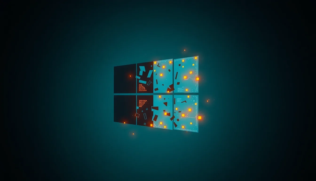 Abstract Windows logo fragmenting into broken dependency chains with conflict markers in amber against dark teal